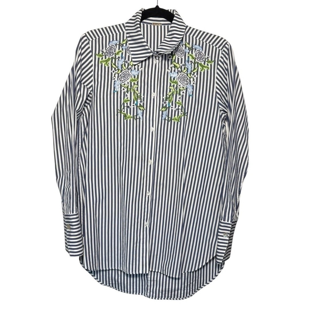 Adam Lippes Striped Floral Embroidered Button Down Shirt‎ Size 6 Luxury